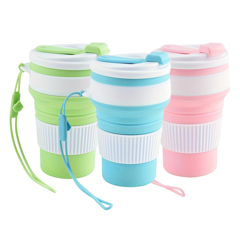 Water Bottle Collapsible - ถ้วยน้ำซิลิโคนพับได้, ถ้วยน้ำพับเก็บได้พร้อมฝาปิดและสายคล้อง, แก้วน้ำพกพา น้ำหนักเบา สำหรับการตั้งแคมป์