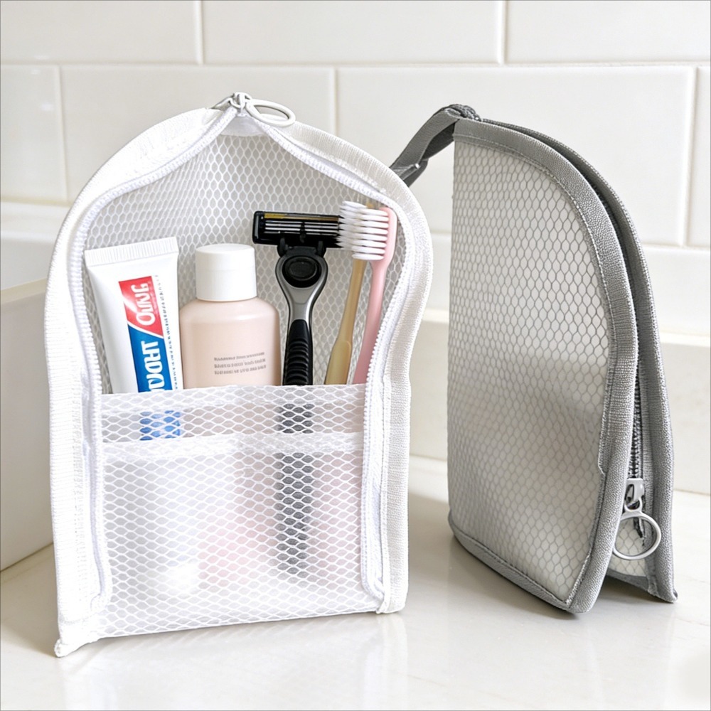 Travel Accessories Holder - กระเป๋าใส่เครื่องสำอางแบบตาข่าย ระบายอากาศ แห้งเร็ว ตั้งได้ ที่ใส่แปรงสีฟัน จัดระเบียบเครื่องสำอาง